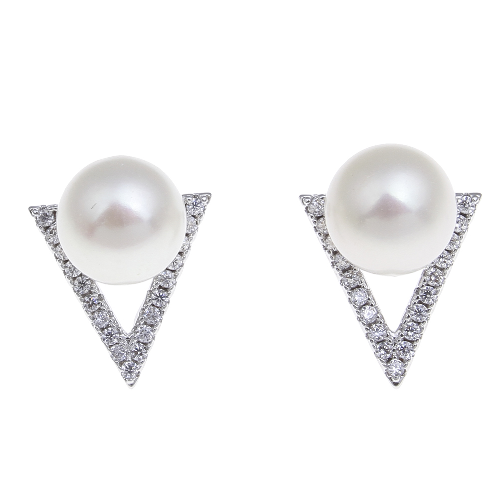 Freshwater Pearl Earrings Brass with Freshwater Pearl Triangle platinum color plated natural & with cubic zirconia 8-9mm Sold By Pair