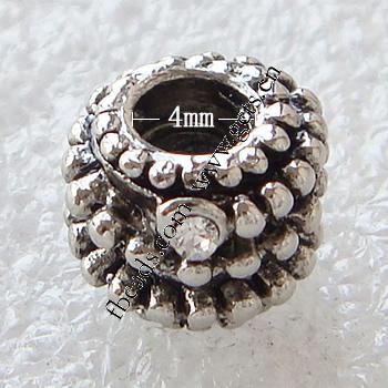 Rhinestone Zinc Alloy European Beads, Tube, plated, without troll & with rhinestone, more colors for choice, 11x9mm, Hole:Approx 4mm, Sold By PC