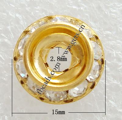 Espaciador de la forma rueda del diamante de imitación, metal, Toroidal, chapado, con diamantes de imitación de Mideast, más colores para la opción, 15x15x3.5mm, agujero:aproximado 2.8mm, Vendido por UD