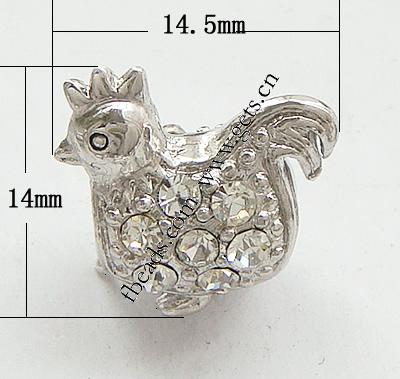 Rhinestone Zinc Alloy European Beads, Cock, plated, plating thickness more than 3μm & with Mideast rhinestone & without troll, more colors for choice, nickel free, 14.5x14mm, Hole:Approx 4.5mm, Sold By PC