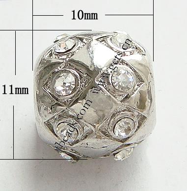 Rhinestone Zinc Alloy European Beads, Drum, plated, with Mideast rhinestone & without troll, more colors for choice, nickel free, 10x11mm, Hole:Approx 4.5mm, Sold By PC