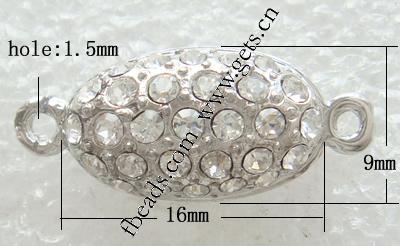 Zinc Alloy Magnetic Clasp, Oval, plated, plating thickness more than 3μm & with Mideast rhinestone & single-strand, more colors for choice, 16x9x8mm, Hole:Approx 1.5mm, Sold By PC