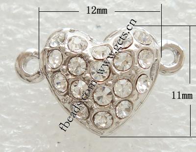 Zinc Alloy Magnetic Clasp, Heart, plated, plating thickness more than 3μm & with rhinestone & single-strand, more colors for choice, 12x11x7.5mm, Hole:Approx 1.5mm, Sold By PC
