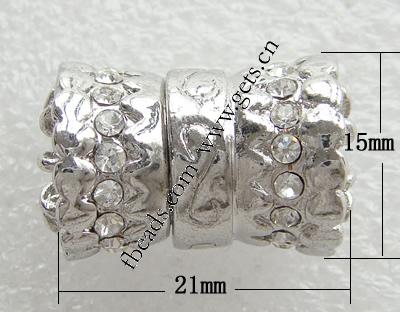 Cierre Magnético de Aleación de Zinc, Tubo, chapado, enchapado grueso más que los 3μm & con diamantes de imitación, más colores para la opción, 21x15mm, agujero:aproximado 1.5mm, Vendido por UD