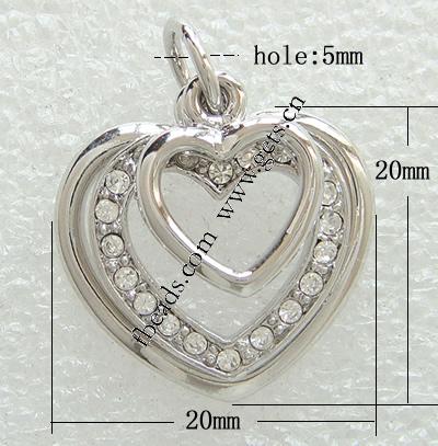 Zinc Alloy Heart Pendants, plated, with rhinestone, more colors for choice, 20x20x5mm, Hole:Approx 5mm, Sold By PC