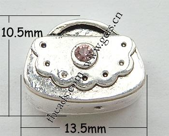 Rhinestone Zinc Alloy European Beads, Handbag, plated, without troll & with rhinestone, more colors for choice, 13.5x10.5x5mm, Hole:Approx 4mm, Sold By PC