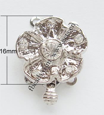 Zinc Alloy Box Clasp, Flower, plated, 3-strand & with Mideast rhinestone, more colors for choice, nickel, lead & cadmium free, 16x16mm, Sold By PC