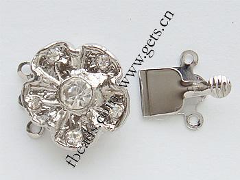 Zinc Alloy Box Clasp, Flower, plated, 3-strand & with Mideast rhinestone, more colors for choice, nickel, lead & cadmium free, 16x16mm, Sold By PC