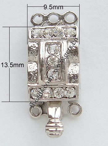Zinc Alloy Box Clasp, Rectangle, plated, 3-strand & with Mideast rhinestone, more colors for choice, nickel, lead & cadmium free, 9.5x13.5mm, Hole:Approx 1.5mm, Sold By PC