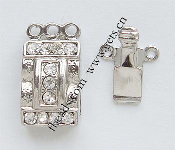 Zinc Alloy Box Clasp, Rectangle, plated, 3-strand & with Mideast rhinestone, more colors for choice, nickel, lead & cadmium free, 9.5x13.5mm, Hole:Approx 1.5mm, Sold By PC