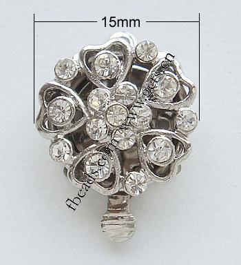 Zinc Alloy Box Clasp, Flower, plated, with Mideast rhinestone & single-strand, more colors for choice, nickel, lead & cadmium free, 15x15mm, Sold By PC