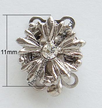 Zinc Alloy Box Clasp, Flower, plated, with Mideast rhinestone & 2-strand, more colors for choice, nickel, lead & cadmium free, 11x11mm, Sold By PC