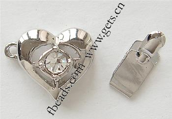 Zinc Alloy Box Clasp, Heart, plated, plating thickness more than 3μm & with Mideast rhinestone & single-strand, more colors for choice, nickel free, 12x12mm, Hole:Approx 1mm, Sold By PC