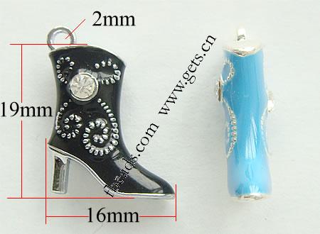 Zinc Alloy Shoes Pendants, with Rhinestone & enamel, plated, enamel & with rhinestone, more colors for choice, 19x16x6mm, Hole:Approx 2mm, Sold By PC