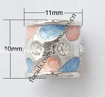 Enamel Zinc Alloy European Beads, Tube, plated, without troll & with rhinestone & large hole, more colors for choice, cadmium free, 11x10mm, Hole:Approx 4.2-4.5mm, Sold By PC