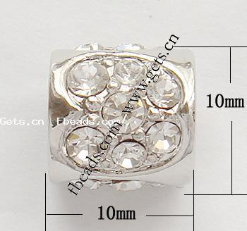 Rhinestone Zinc Alloy European Beads, Tube, plated, plating thickness more than 3μm & without troll & with rhinestone, more colors for choice, nickel, lead & cadmium free, 10x10mm, Hole:Approx 4.2-4.5mm, Sold By PC