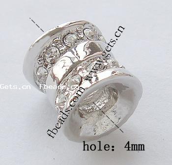 Rhinestone Zinc Alloy European Beads, Tube, plated, plating thickness more than 3μm & without troll & with rhinestone, more colors for choice, nickel, lead & cadmium free, 10x10mm, Hole:Approx 4.2-4.5mm, Sold By PC