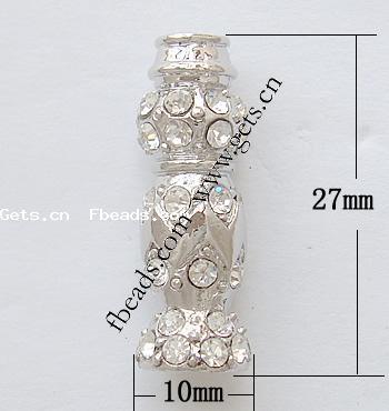 Rhinestone Zinc Alloy European Beads, Tube, plated, without troll & with rhinestone, more colors for choice, 27x10mm, Hole:Approx 3.5mm, Sold By PC