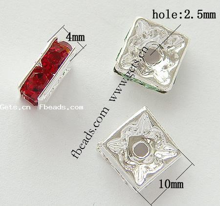 Square Rhinestone Spacer, Brass, Squaredelle, plated, with rhinestone, more colors for choice, 10x10x4mm, Hole:Approx 2.5mm, 300PCs/Bag, Sold By Bag