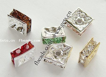 Square Rhinestone Spacer, Brass, Squaredelle, plated, with rhinestone, more colors for choice, 10x10x4mm, Hole:Approx 2.5mm, 300PCs/Bag, Sold By Bag