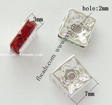 Square Rhinestone Spacer, Brass, Squaredelle, plated, with Mideast rhinestone, more colors for choice, 7x7x3mm, Hole:Approx 2mm, 500PCs/Bag, Sold By Bag