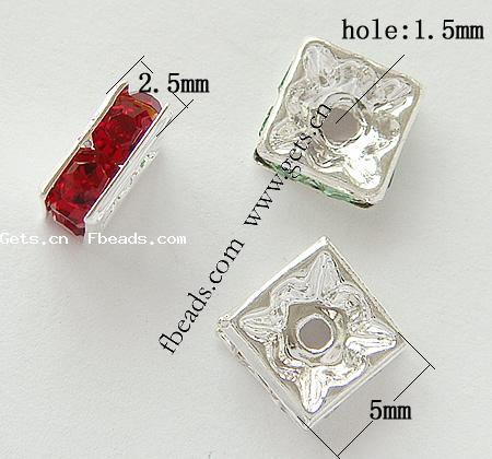Square Rhinestone Spacer, Brass, Squaredelle, plated, with Mideast rhinestone, more colors for choice, 5x5x2.5mm, Hole:Approx 1.5mm, 500PCs/Bag, Sold By Bag