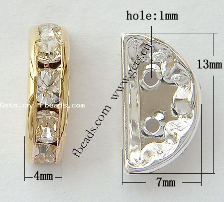 La mitad Ronda Puente Rhinestone Spacer, metal, Luna, chapado, con diamantes de imitación de Mideast & 2-sarta, más colores para la opción, 13x4mm, agujero:aproximado 1mm, 500PCs/Bolsa, Vendido por Bolsa