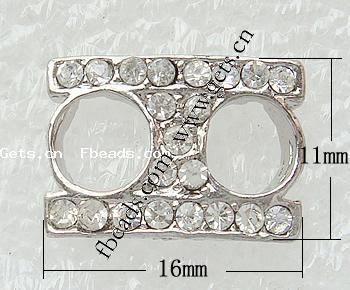 Rhinestone Spacer Bar, with Zinc Alloy, Rectangle, plated, 3-strand, more colors for choice, nickel free, 16x11x3.5mm, Hole:Approx 1mm, Sold By PC