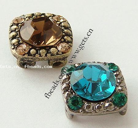 Rhinestone Zinc Alloy Connector, Square, plated, faceted & with rhinestone, more colors for choice, 12x12x7mm, Hole:Approx 1mm, Sold By PC