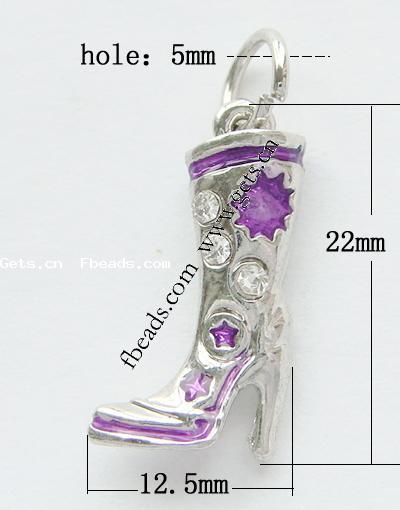 Zinc Alloy Shoes Pendants, with Rhinestone & enamel, plated, enamel & with rhinestone, more colors for choice, 22x12.5x6mm, Hole:Approx 5mm, Sold By PC