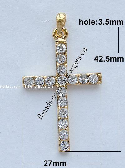Zinc Alloy Cross Pendants, plated, with rhinestone, more colors for choice, 42.5x27x3.5mm, Hole:Approx 3.5mm, Sold By PC