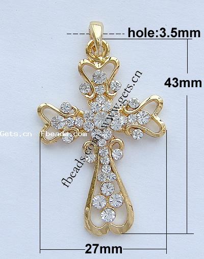 Zinc Alloy Cross Pendants, plated, with rhinestone, more colors for choice, 43x27x2.5mm, Hole:Approx 3.5mm, Sold By PC