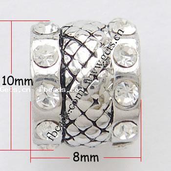 Strass Zink Legierung Europa Perlen, Zinklegierung, Rohr, plattiert, ohne troll & mit Strass, keine, frei von Nickel, Blei & Kadmium, 10x8mm, Bohrung:ca. 4.2-4.5mm, verkauft von PC