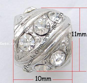 Rhinestone Zinc Alloy European Beads, Drum, plated, without troll & with rhinestone, more colors for choice, nickel, lead & cadmium free, 11x10mm, Hole:Approx 6mm, Sold By PC