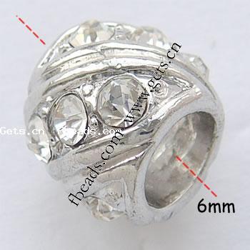 Rhinestone Zinc Alloy European Beads, Drum, plated, without troll & with rhinestone, more colors for choice, nickel, lead & cadmium free, 11x10mm, Hole:Approx 6mm, Sold By PC