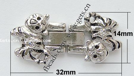 Zinc Alloy Watch Band Clasp, Animal, plated, with rhinestone, more colors for choice, nickel, lead & cadmium free, 32x14x4mm, Hole:Approx 0.5mm, Sold By PC