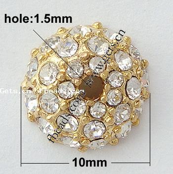 Rhinestone Zinc Alloy Beads, with Zinc Alloy, Round, plated, more colors for choice, cadmium free, 10x10x4mm, Hole:Approx 1.5mm, Sold By PC