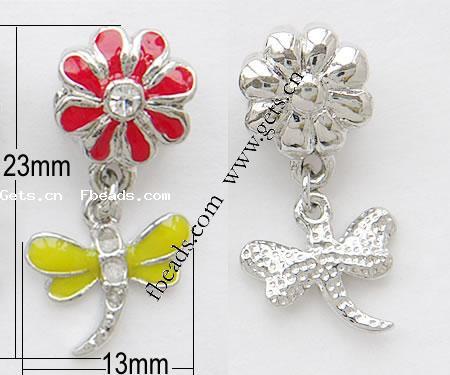 Zinc Alloy European Pendants, Dragonfly, plated, with troll & enamel & with rhinestone, more colors for choice, nickel, lead & cadmium free, 23x13mm, Hole:Approx 4mm, Sold By PC