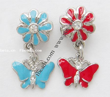 Zinc Alloy European Pendants, Butterfly, plated, with troll & enamel & with rhinestone, more colors for choice, nickel, lead & cadmium free, 24x13mm, Hole:Approx 4mm, Sold By PC