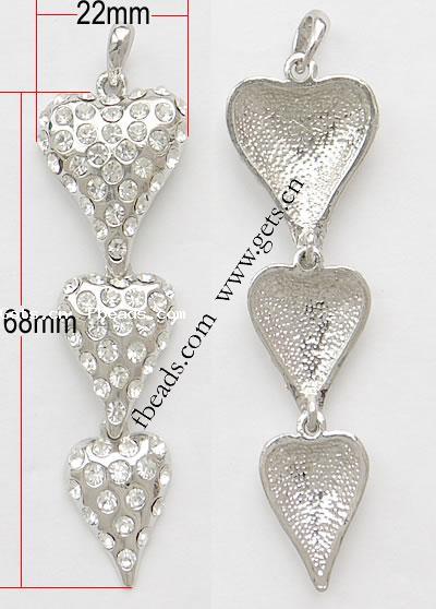 Zinc Alloy Heart Pendants, plated, with rhinestone, more colors for choice, nickel, lead & cadmium free, 68x22mm, Sold By PC