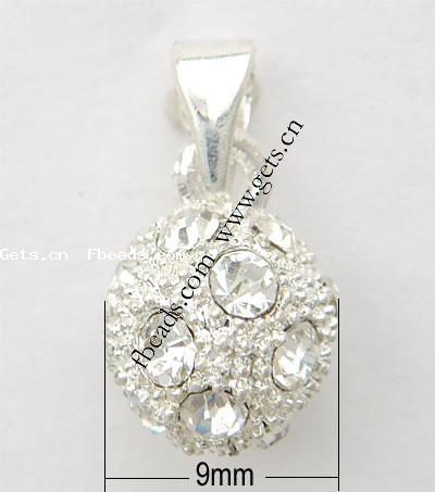 Zinc Alloy Rhinestone Pendants, Round, plated, with rhinestone, more colors for choice, nickel, lead & cadmium free, 9mm, Sold By PC