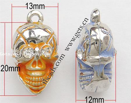 Zinc Alloy Skull Pendants, plated, enamel & with rhinestone, more colors for choice, nickel free, 20x13x12mm, Hole:Approx 2mm, Sold By PC