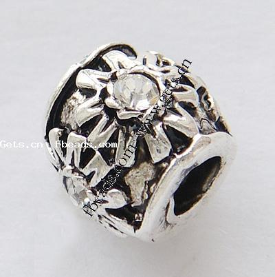 Rhinestone Zinc Alloy European Beads, Tube, plated, with flower pattern & with rhinestone, more colors for choice, 10x10mm, Hole:Approx 4mm, Sold By PC