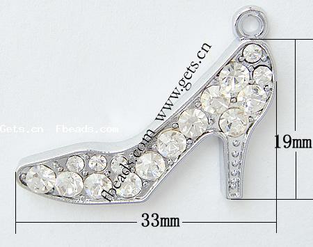 Zinc Alloy Shoes Pendants, with Rhinestone, plated, with rhinestone, more colors for choice, 33x19x3mm, Hole:Approx 2mm, Sold By PC