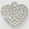 Zinc Alloy Heart Pendants, plated, with rhinestone Approx 3mm 