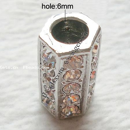Rhinestone Zinc Alloy European Beads, Tube, plated, with Mideast rhinestone & without troll, more colors for choice, nickel, lead & cadmium free, 20x10mm, Hole:Approx 6mm, Sold By PC