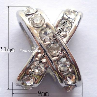 Rhinestone Zinc Alloy European Beads, Letter X, plated, with Mideast rhinestone & without troll, more colors for choice, 11x9x6mm, Hole:Approx 4mm, Sold By PC