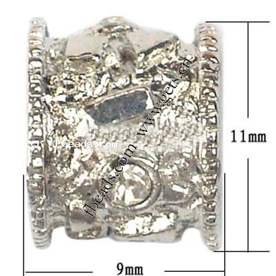 Rhinestone Zinc Alloy European Beads, Tube, plated, with Mideast rhinestone & without troll, more colors for choice, 9x11mm, Hole:Approx 5.5mm, Sold By PC