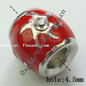 Enamel Zinc Alloy European Beads, Drum, plated, without troll & with rhinestone & large hole, more colors for choice, 12x13mm, Hole:Approx 4.5mm, Sold By PC