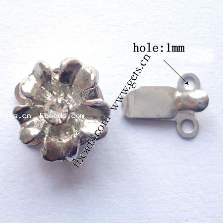 Zinc Alloy Box Clasp, Flower, plated, with Mideast rhinestone & 2-strand, more colors for choice, nickel free, 13x11x7mm, Hole:Approx 1mm, Sold By PC